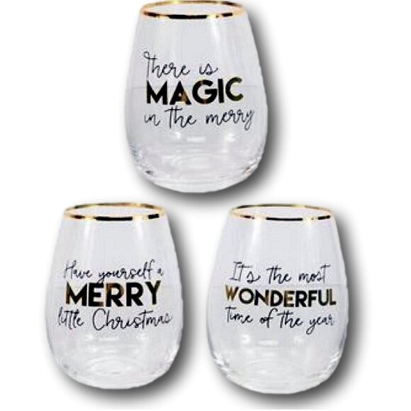Set of 3 Christmas Stemless Wine Glasses with Holiday Sayings & Gold Accents - Picture 1 of 2